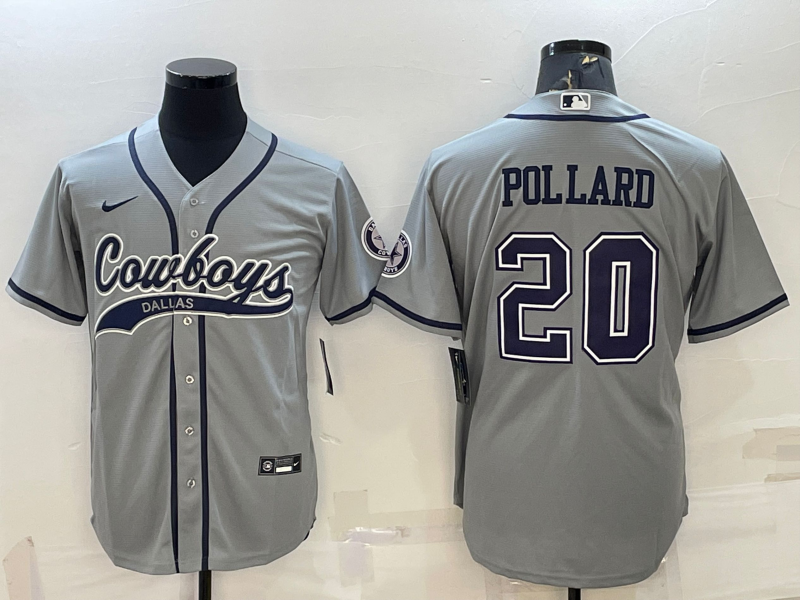 Men's Dallas Cowboys #20 Tony Pollard Grey With Patch Cool Base Stitched Baseball Jersey